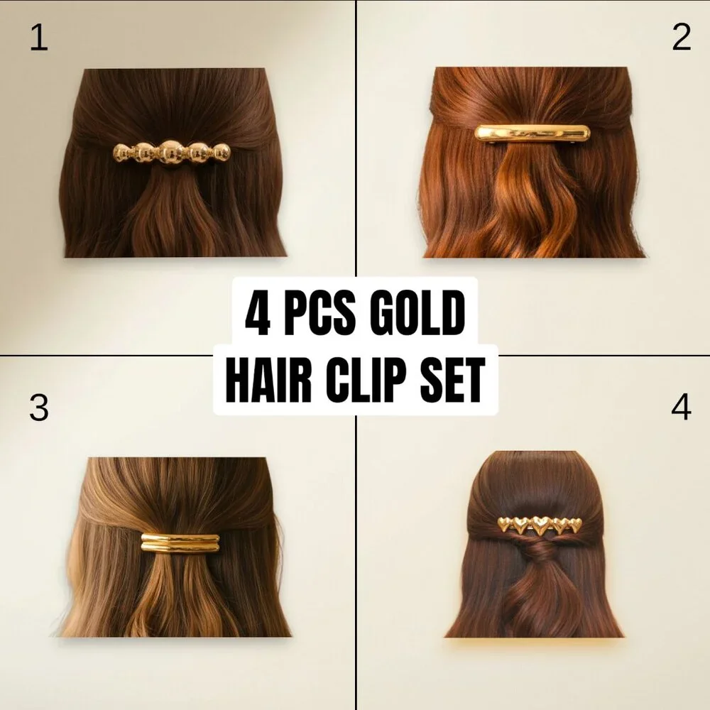 4 PCS Gold Barrette Set Minimalist Metal Hair Clips Beaded Heart Hair Accessorie